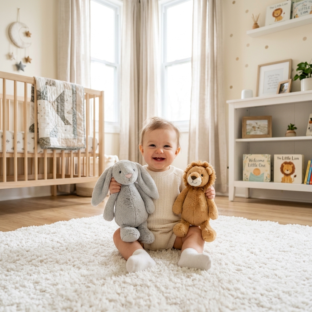 Baby smiling with soft toys