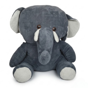A seated dark slate-blue plush elephant toy with white tusks, white inner ears, and white footpads on a clean background.