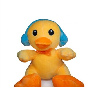 A seated yellow plush duck wearing bright-blue plush headphones over its head.
