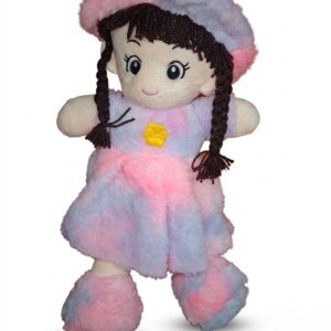 A plush girl doll with long dark braids, wearing a mottled pink and purple plush hat and dress.