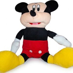 A seated plush toy of Mickey Mouse in his iconic red shorts with white buttons and yellow shoes.