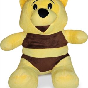 A seated yellow Pooh bear plush toy with brown stripes across its torso and a wide smiling face on a clean background.