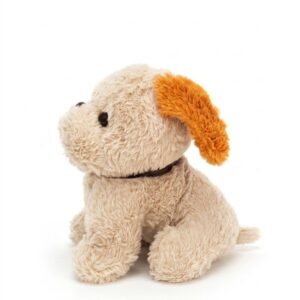 A seated off-white plush puppy dog toy with large, bright-orange floppy ears and a brown bow.